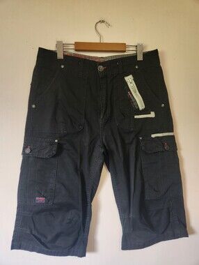 Vintage Y2K Noize Jeans Black Long Cargo Skater Shorts Techwear Cyber Grunge 34